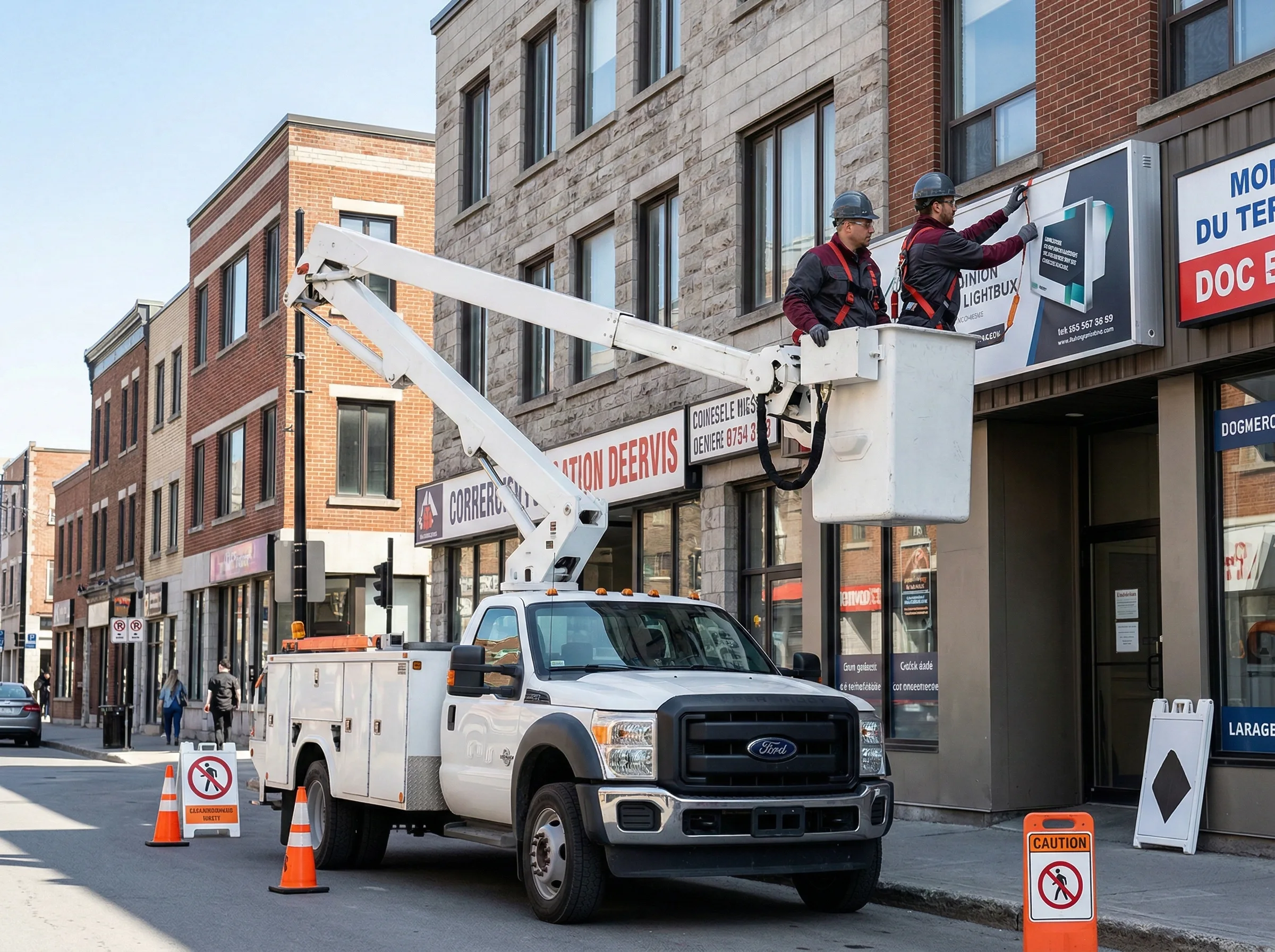 Installation d'enseignes par camion-nacelle à Montréal