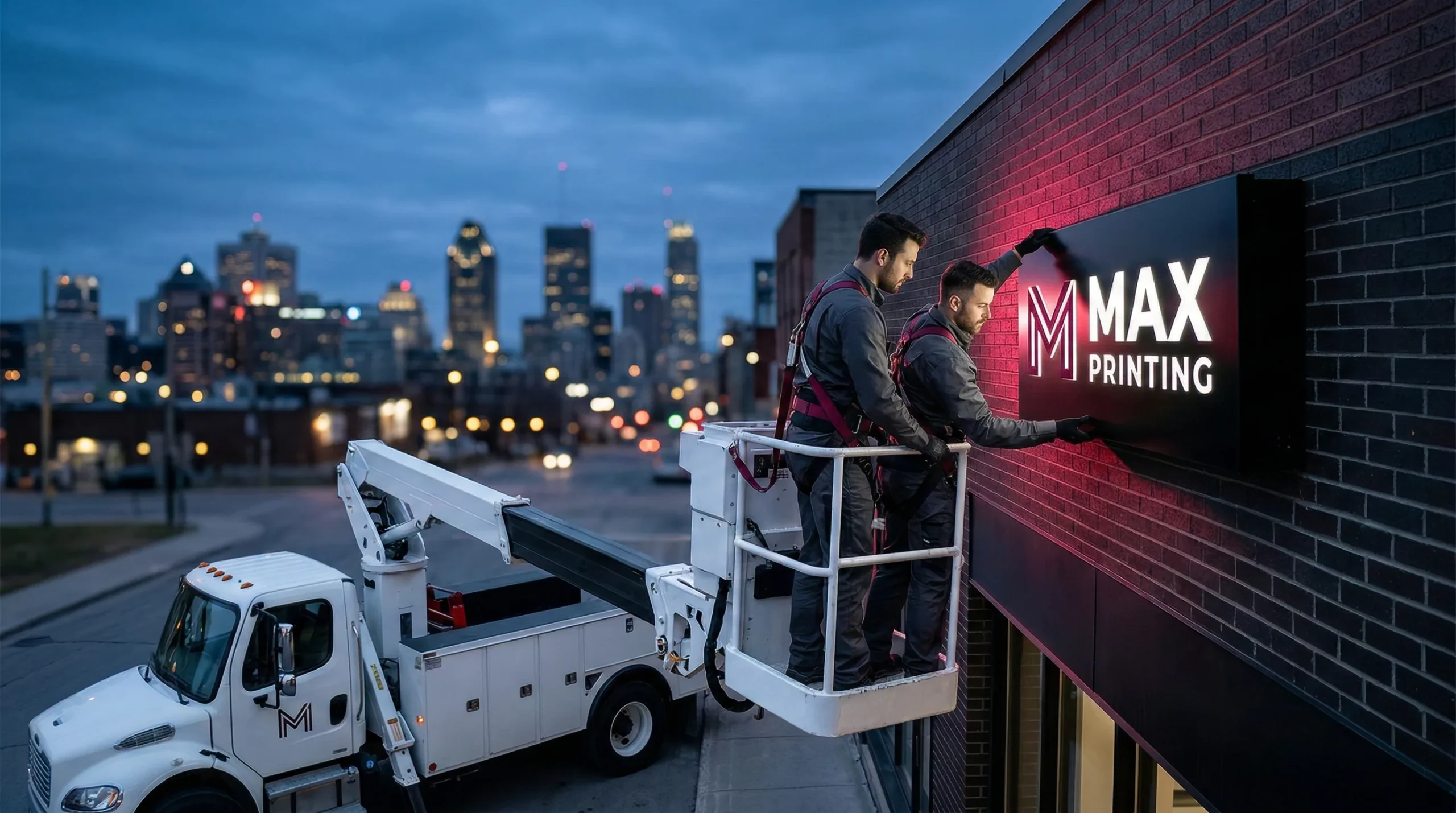 Bucket truck sign installation Montreal — high-elevation commercial signage