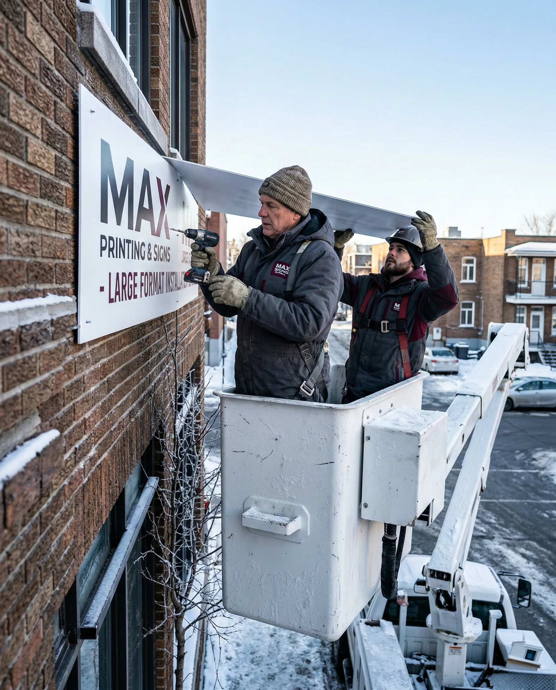 Max Printing bucket truck sign installation in Montreal — heavy-duty commercial signage team
